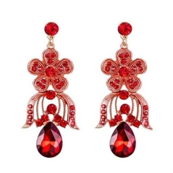 Yellow Gold and Ruby Red Austrian Crystal Floral Necklace and Earrings Set - Picture 2 of 6